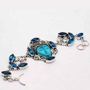 New Agate Carved Goddess Blue Quartz Silver Bracelet.